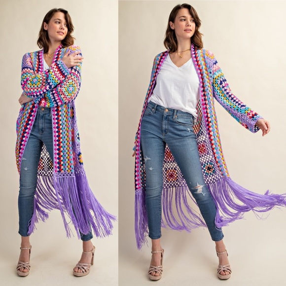 *24 HOUR SALE*Destination Secured Lavender Granny Crochet Fringe Cardigan Duster - Picture 6 of 7